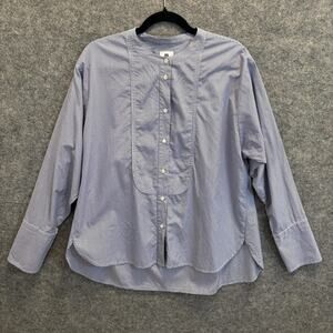 J Crew Shirt Women Size 14 Blue Cotton Thomas Mason Pin Stripe Tuxedo Bib Button